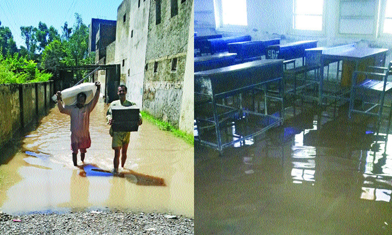 Staff shifting files out of Hashmat Ali Islamia College.& The inundated classrooms of Comprehensive High School.