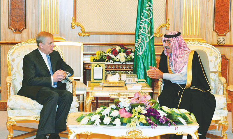 Riyadh: Saudi Arabia’s Deputy Prime Minister Prince Muqrin bin Abdulaziz al-Saud meeting the Duke of York Prince Andrew, the second son of Queen Elizabeth, here on Monday.—AFP