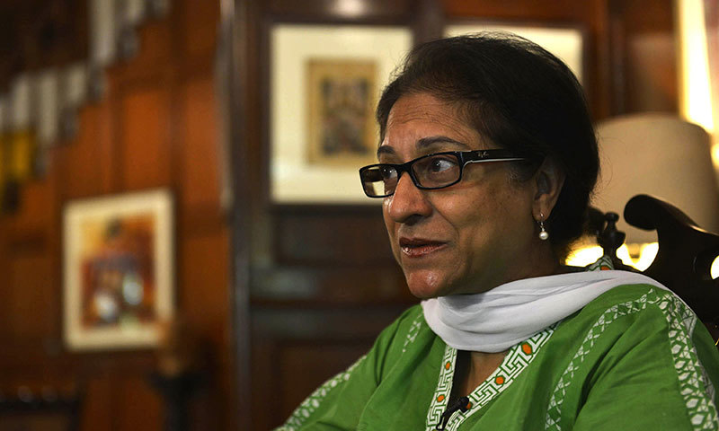 Leading human rights activist and Supreme Court lawyer Asma Jahangir gestures as she gives an interview to AFP in Lahore. - AFP photo