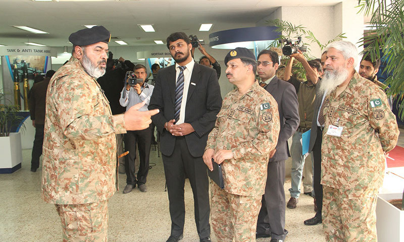 Chairman Lt. Gen. Muhammad Ahsan Mehmood speaking to journalists at the Pakistan Ordinance Factories (POF) in Wah.