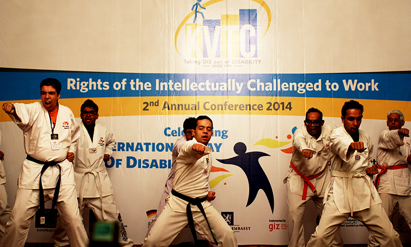 Special persons from the Karachi Vocational Training Centre perform martial arts at the conference. — Photo by Yumna Rafi