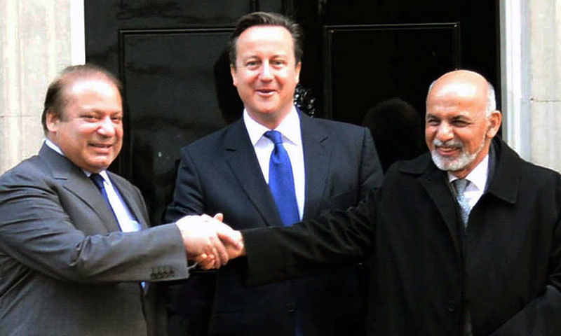 Prime Minister Nawaz Sharif shakes hands with British Prime Minister David Cameron and Afghan President Ashraf Ghani  at 10 Downing Street in London on Friday. – PPI