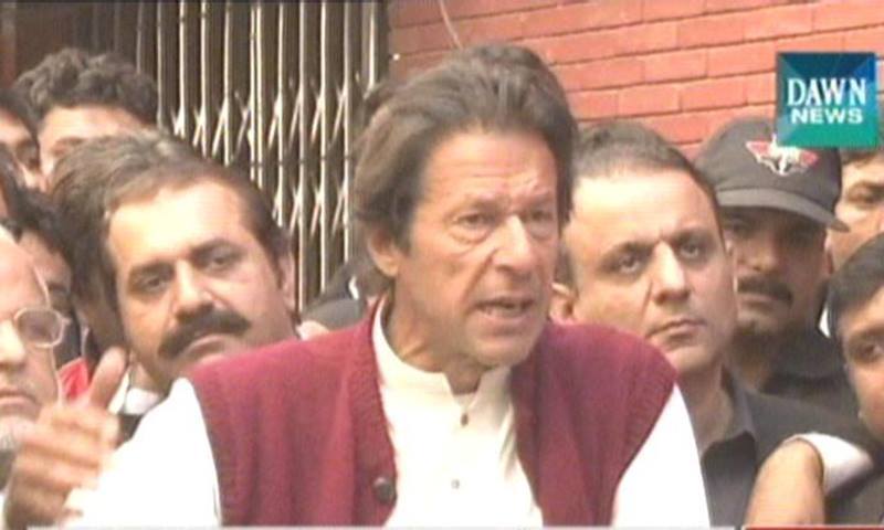 PTI chairman Imran Khan while talking to the media outside the tribunal.  -DawnNews screen grab