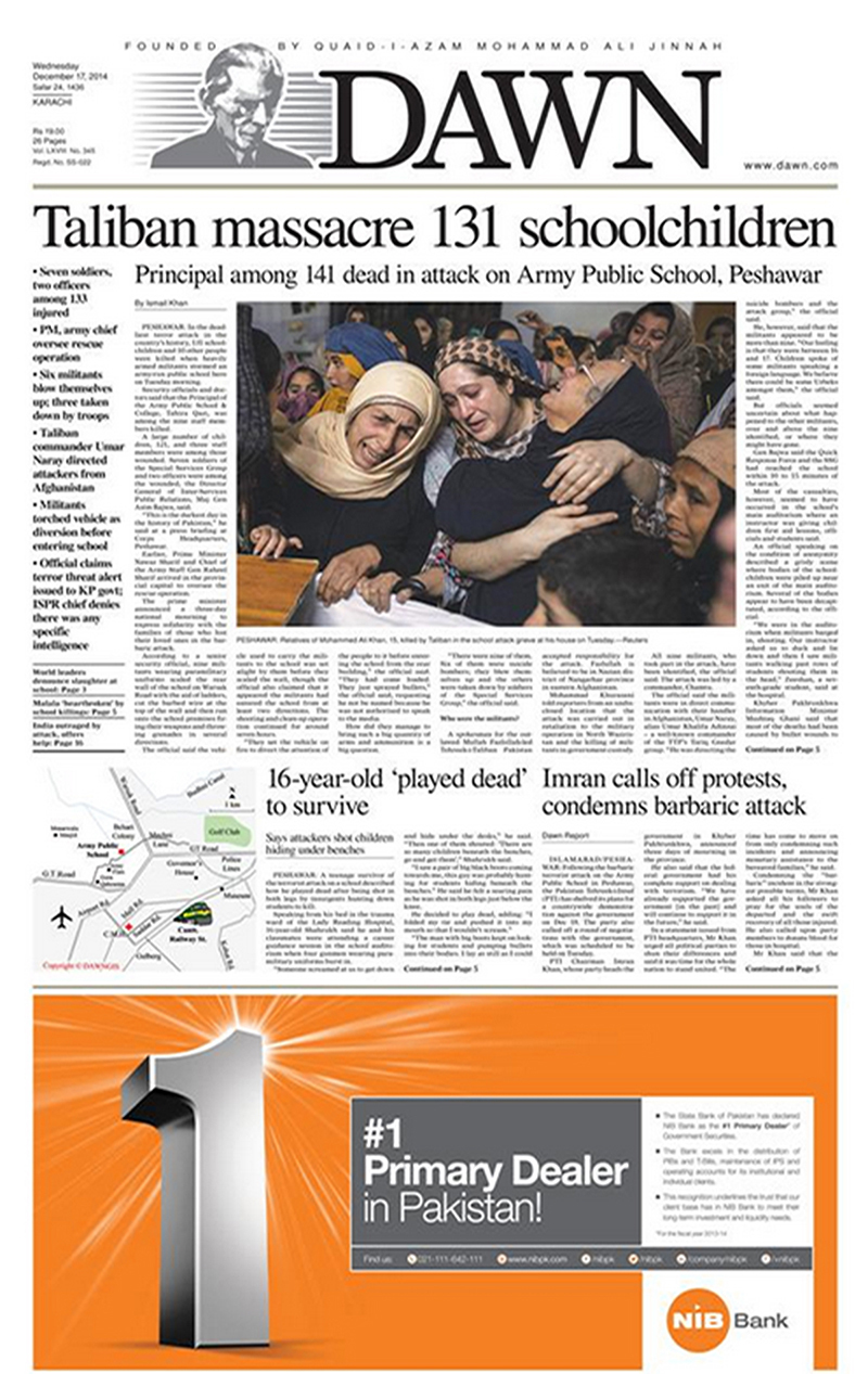 Front page Peshawar carnage, inked in history Pakistan