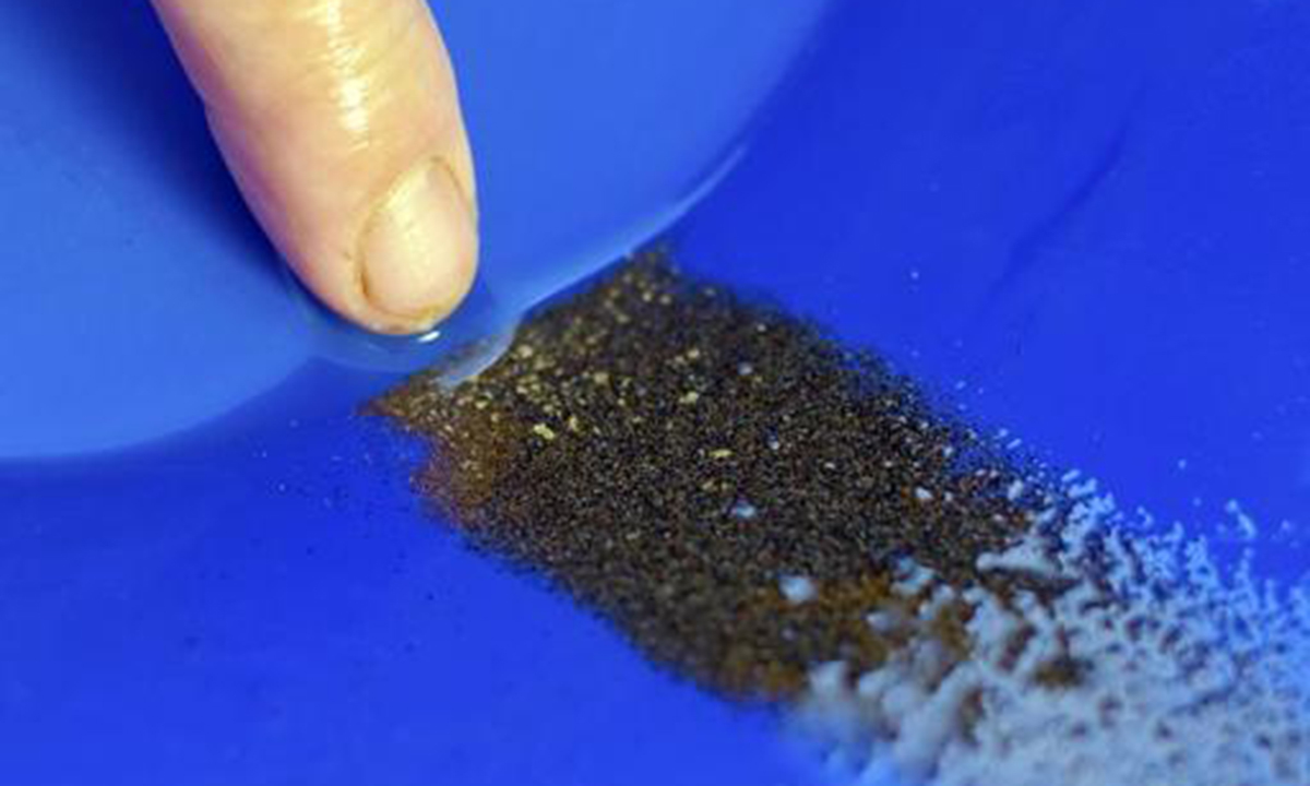Nebojsa Trailovic shows gold foil he found in the waters of the Todorova reka river nearby his village of Debeli Lug. &mdash; AFP