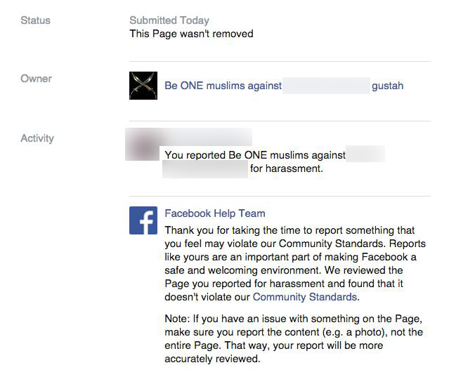  Facebook's message when users reported the page 