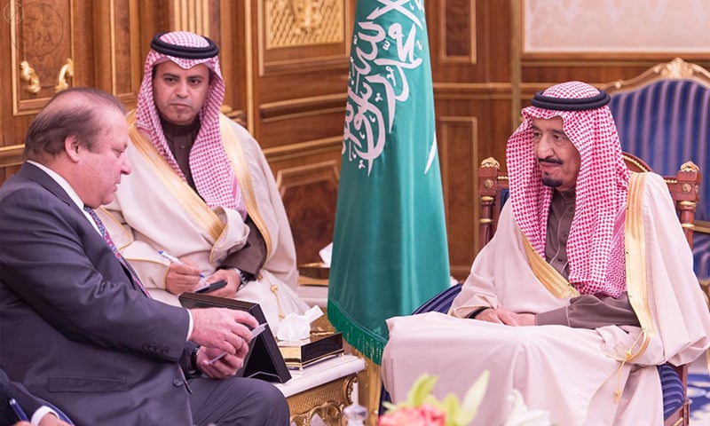 This handout photo shows Prime Minister Nawaz Sharif (L) with Saudi Arabia's Crown Prince Salman bin Abdul Aziz Al Saud. — Press Information Department