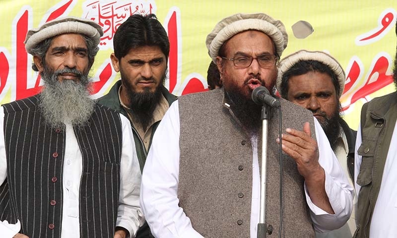 Jamaatud Dawa Chief, Hafiz Mohammad Saeed addresses a rally against the printing of anti-Islam sketches by French magazine Charlie Hebdo, in Lahore on January 23, 2015.— AP