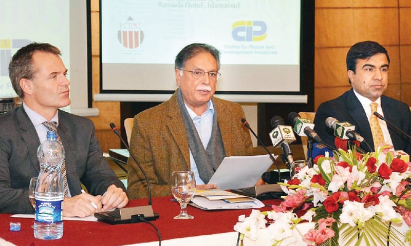 Information Minister Pervaiz Rasheed speaks on the first day of the international media conference on Tuesday.— Online