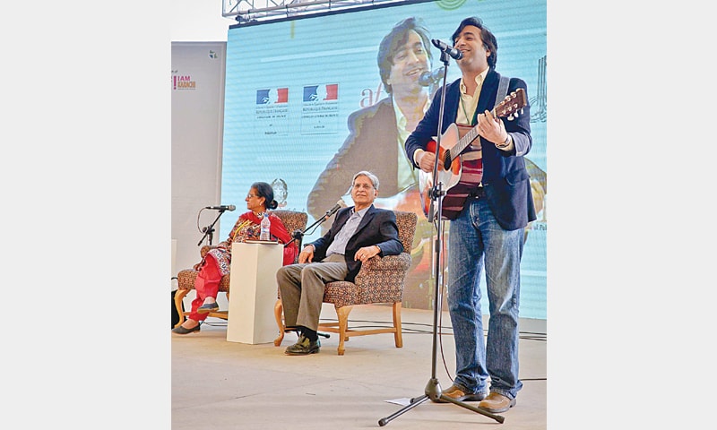 SINGER Taimur Rehman gives a live rendition of a Habib Jalib poem at the 6th Karachi Literature Festival on Saturday.—White Star