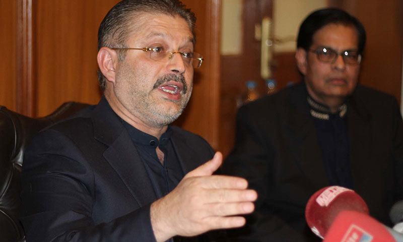 In this photo, Sindh Information Minister Sharjeel Inam Memon addresses a press conference in Karachi. — PPI/File