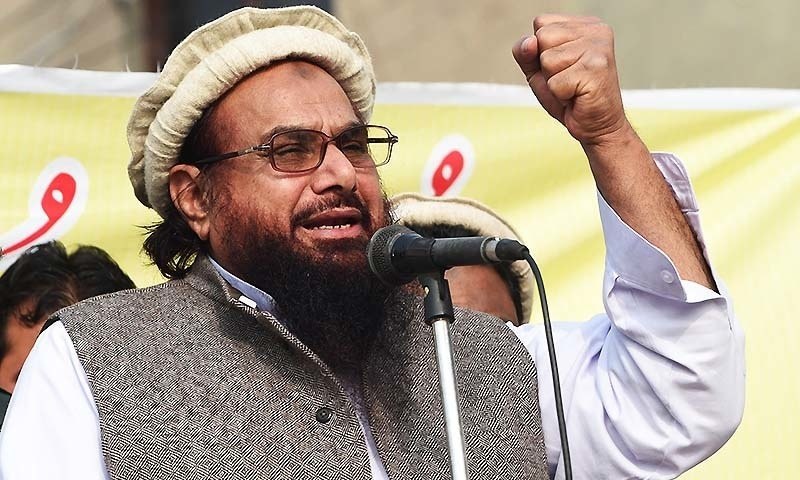 JuD chief Hafiz Saeed addresses a rally in Lahore on Jan 23, 2015. — AFP