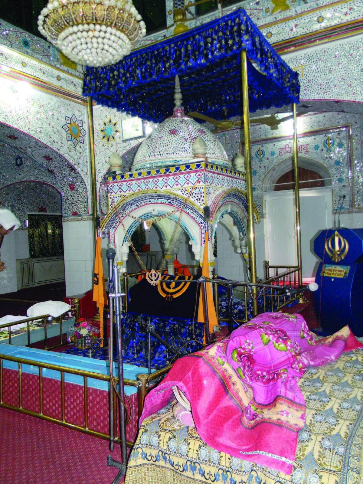 The platform where the Sikh Holy book Guru Granth Sahib is placed for the day’s worship, underneath a canopy called palki.