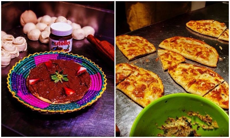 From L-R: Nutella Paratha with strawberries and Qeema Parathas being made fresh.