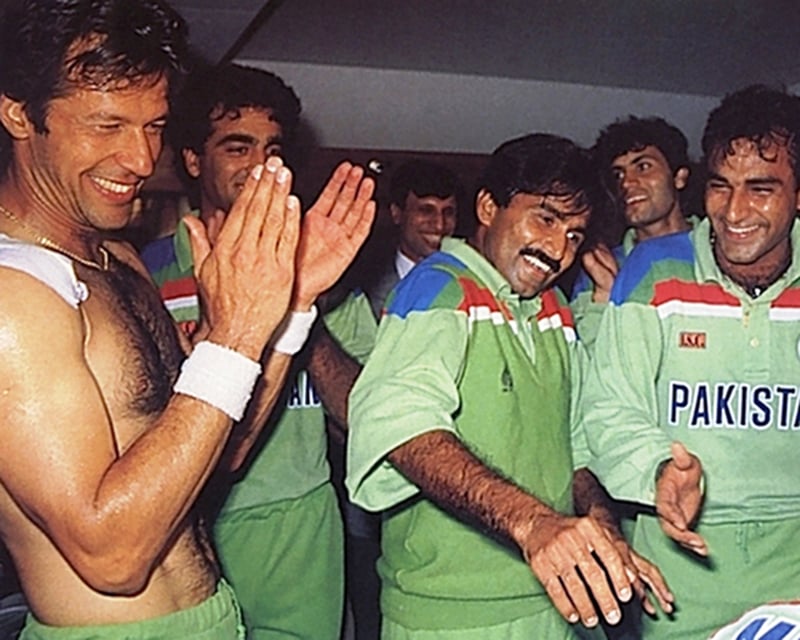 Khan and his players celebrate the World Cup victory: ‘But this time, we’re keeping the money, skipper …’