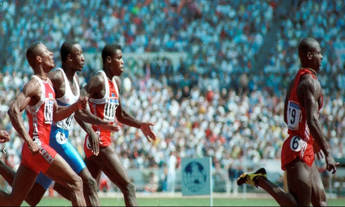 Ben Johnson wins the gold medal in the 100m sprint at the Seoul Olympics. Behind him are Calvin Smith, Linford Christie and Carl Lewis. Johnson later lost the medal when he tested positive for steroids.&mdash;Reuters
