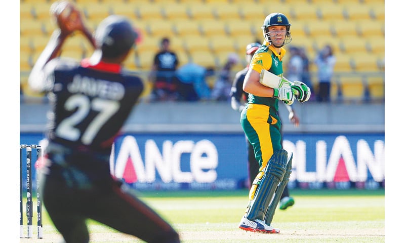 SOUTH African captain A.B. de Villiers is caught by UAE&rsquo;s Amjad Javed for 99.&mdash;Reuters