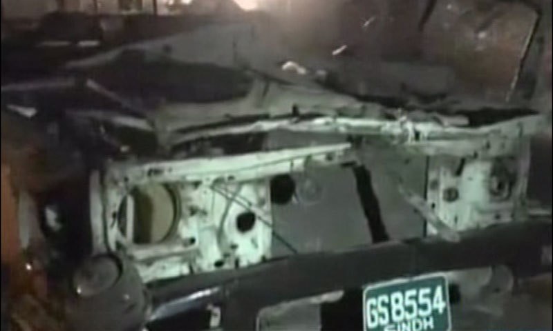 DawnNews screengrab shows the Rangers' mobile destroyed in the blast.