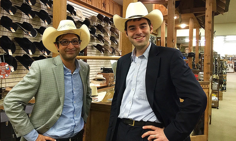 Rauf Arif (left) and the author (right) experimenting with local fashion in Tyler, Texas. —Photo credit: Lamia Zia