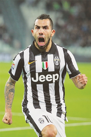 TURIN: Juventus&rsquo; Carlos Tevez celebrates after scoring during the Serie A match against Empoli at the Juventus Stadium.&mdash;AP