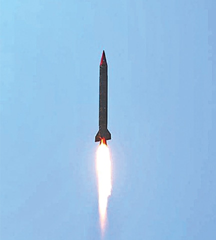 NUCLEAR-CAPABLE Ghauri missile pictured during the test launch carried out on Wednesday.—APP