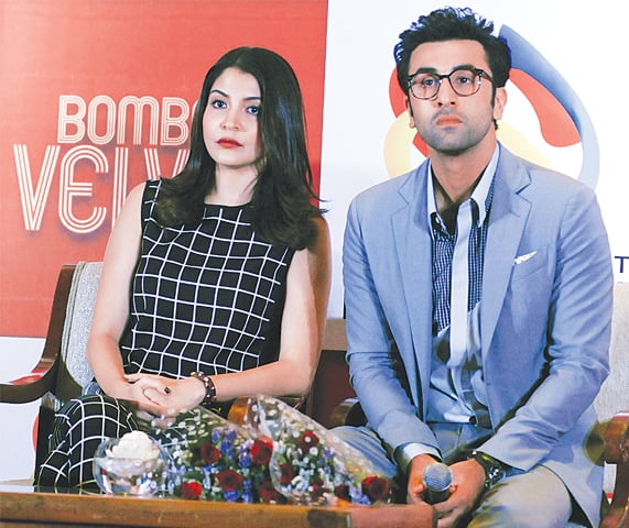 RANBIR Kapoor and Anushka Sharma during a promotional event for their forthcoming film Bombay Velvet in Mumbai.&mdash;AFP