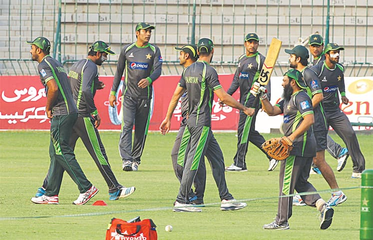 Pakistan players take part in a training session at the Gaddafi Stadium.&mdash;AP