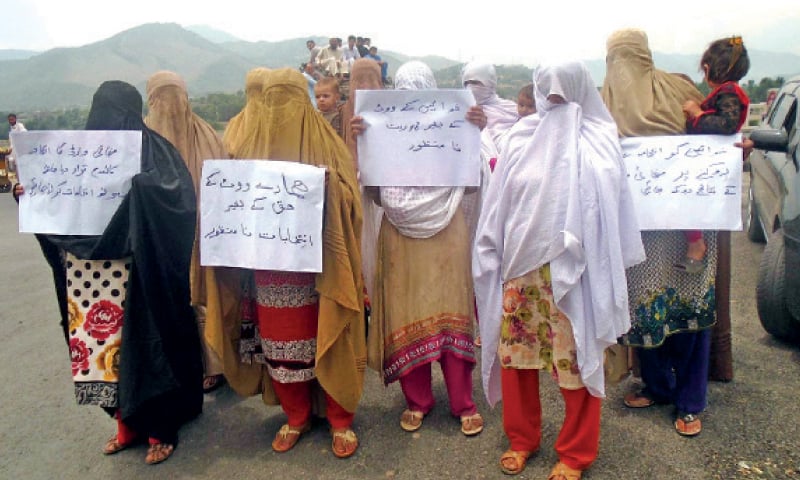 Women hold placards during a protest in Lower Dir on Friday against denial of voting right in LG polls. &mdash;INP