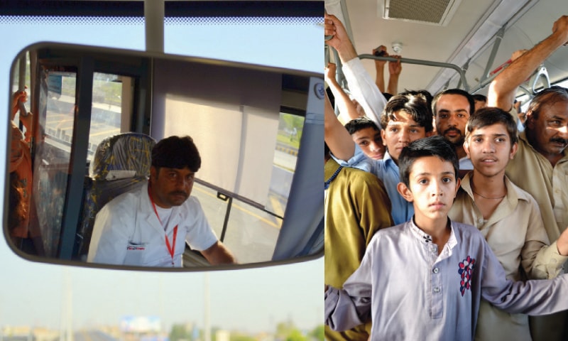 (L to R) Mohammad Imran looks at passengers in the rear-view mirror; Noreen and Noorulain enjoy their first ride; and, a view of the jam-packed men&rsquo;s section of the bendy bus. &mdash; Photos by the writer