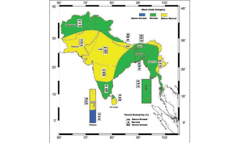 THIS map, released by the SASCOF, shows that except the northern parts of the country, most of Pakistan will see below normal rainfall this year.