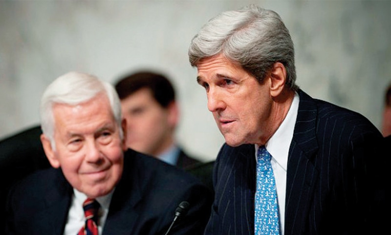 Senators Richard Lugar (left) and John Kerry (right), who, along with Congressman Howard Berman, were the sponsors of the Enhanced Partnership with Pakistan Act of 2009.