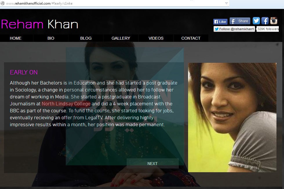 ریحام خان کی آفیشل ویب سائٹ کا تبدیلی سے قبل کا اسکرین شاٹ