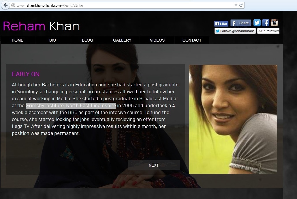 ریحام خان کی آفیشل ویب سائٹ پر کالج کا نام تبدیل کرنے کے بعد کا اسکرین شاٹ