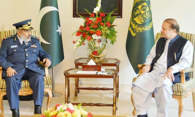 Chief of Staff Qatar Armed Forces Major General Ghanim bin Shaheen Al Ghanim with Prime Minister Muhammad Nawaz Sharif at the PM House, Islamabad &mdash; PID