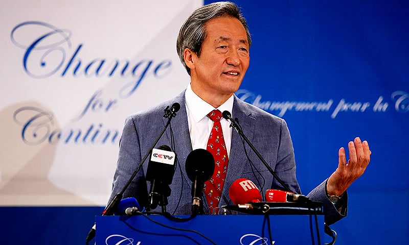 South Korea's Chung Mong-Joon gestures during a press conference in Paris, France. — AP