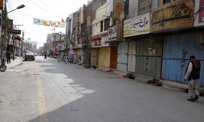 QUETTA: A view of closed shops in Liaquat Bazaar during a strike here on Wednesday.—Online