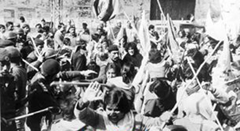 A riot breaks out as a women’s rally is baton-charged by the police during the MRD Movement (1983).