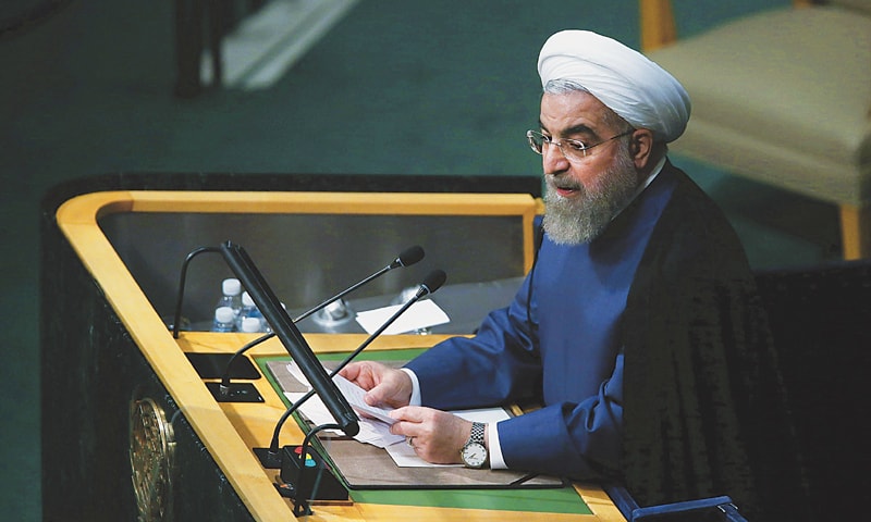 NEW YORK: Iran’s President Hassan Rouhani addresses the United Nations General Assembly at UN headquarters on Monday.—AFP