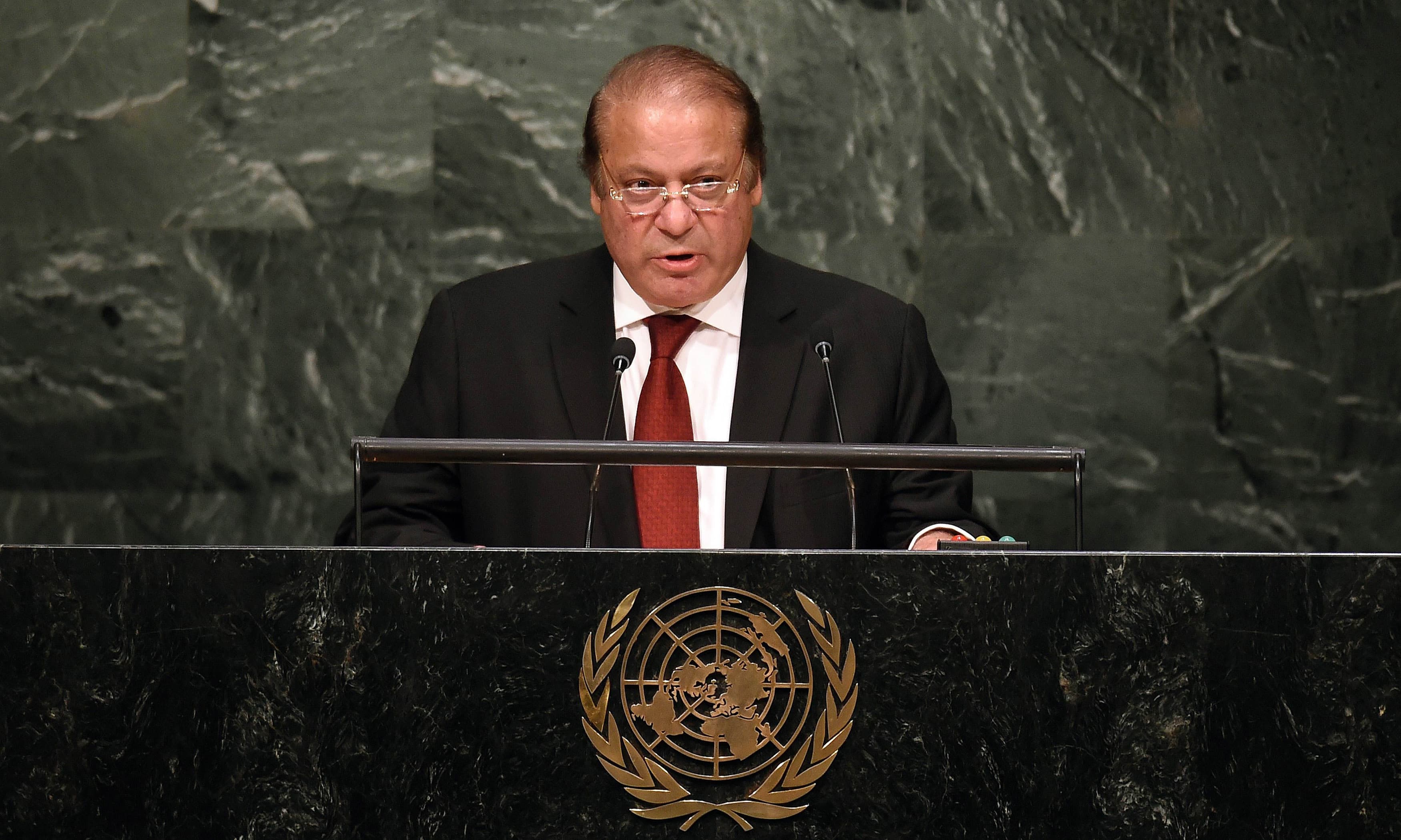 Nawaz Sharif addresses the 70th Session of the United Nations General Assembly. —AFP