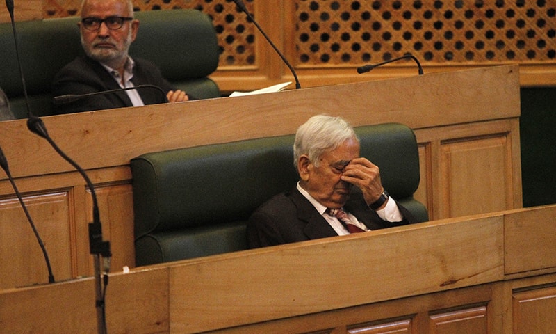 Chief Minister of Jammu and Kashmir state Mufti Mohammad Sayeed sits inside the state legislature house in Srinagar, India-held Kashmir, Thursday, Oct. 8, 2015.— AP