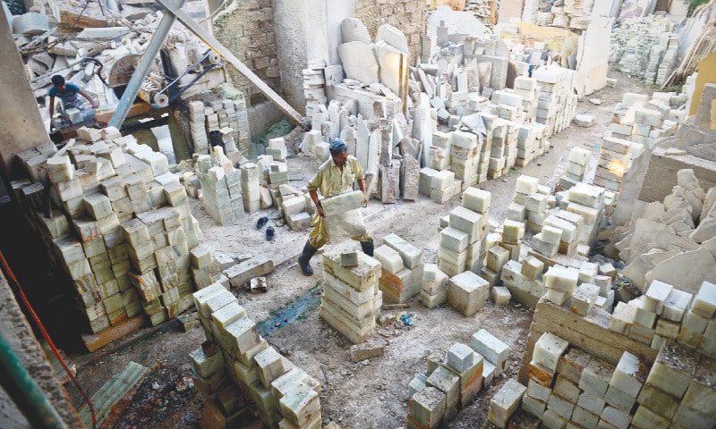 Marble blocks cut out from marble rocks.