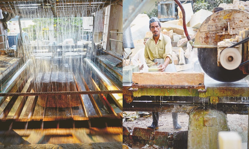 Electric saws slicing a huge marble rock. / Marble blocks that can further be sliced into tiles are carved to make ornaments.