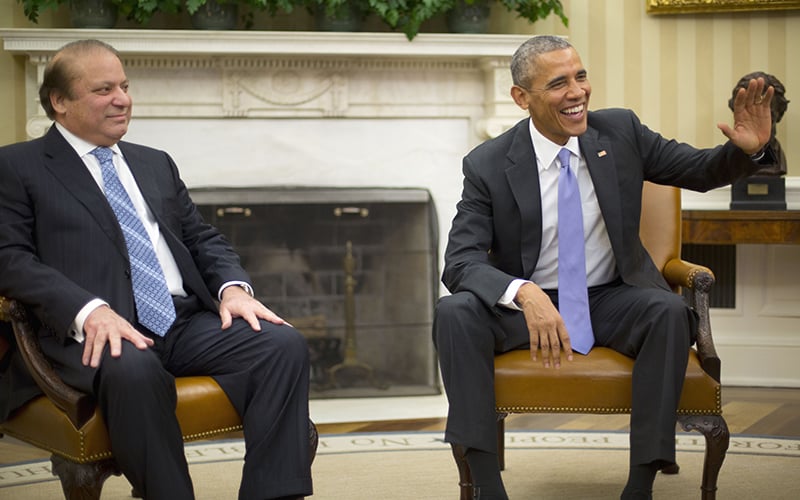 Washington: US President Barack Obama gestures during his meeting with Prime Minister Nawaz Sharif in the Oval Office of the White House here on Thursday.—AP