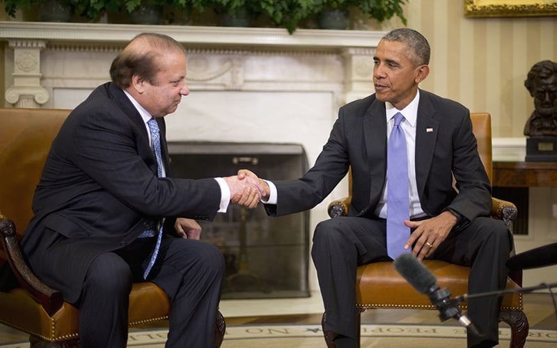 President Barack Obama shakes hands with Pakistani Prime Minister Nawaz Sharif during their meeting in the Oval Office. —AP