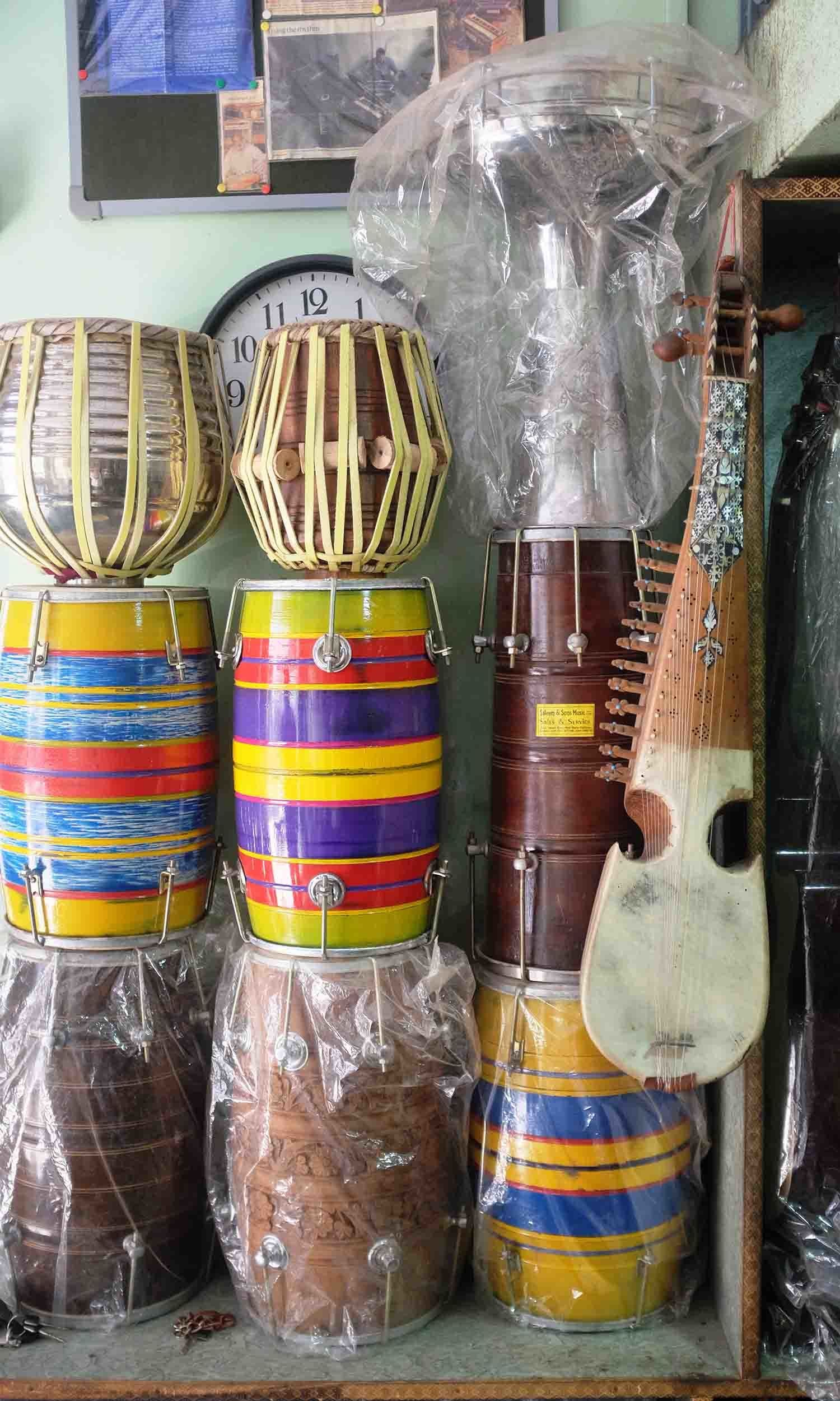 Different music instruments at display at Saleem and Sons.