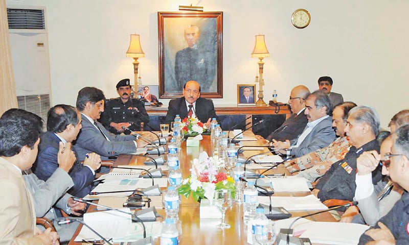 CHIEF Minister Syed Qaim Ali Shah presides over a meeting on law and order at CM House on Wednesday.—PPI