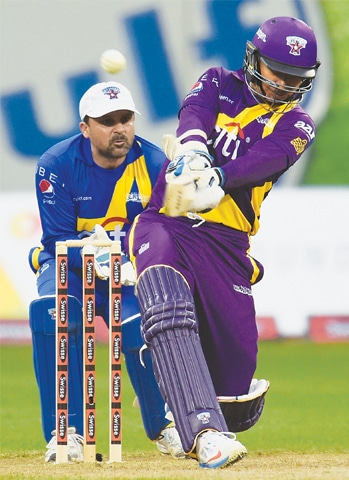 WARNE’s Warriors batsman Kumar Sangakkara of Sri Lanka hits a six.—AFP