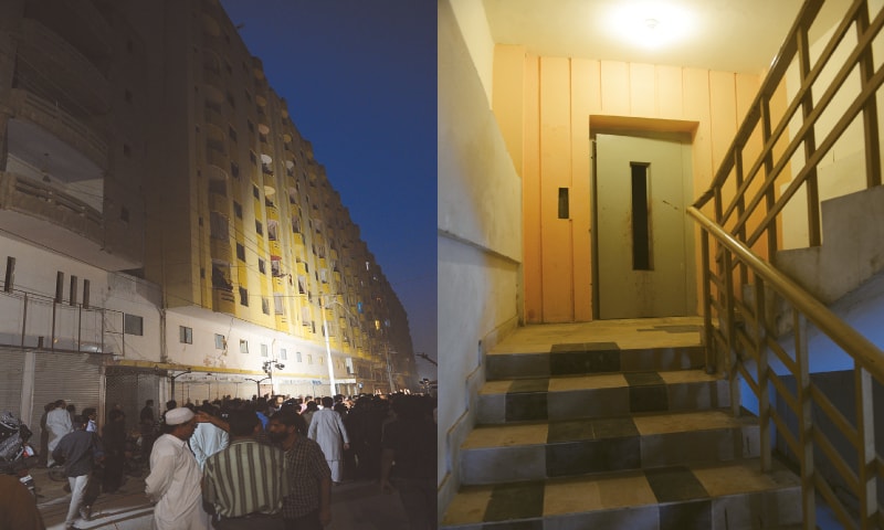 Panic-stricken residents of the apartment building out on the roads in search of a sympathetic ear. / Provision for lifts but no lift in the eight-storey apartment building. / Photos by Fahim Siddiqi/White Star
