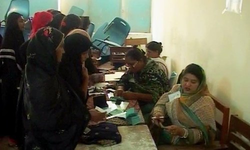 Women voters at a polling station in Badin. ─ DawnNews screengrab