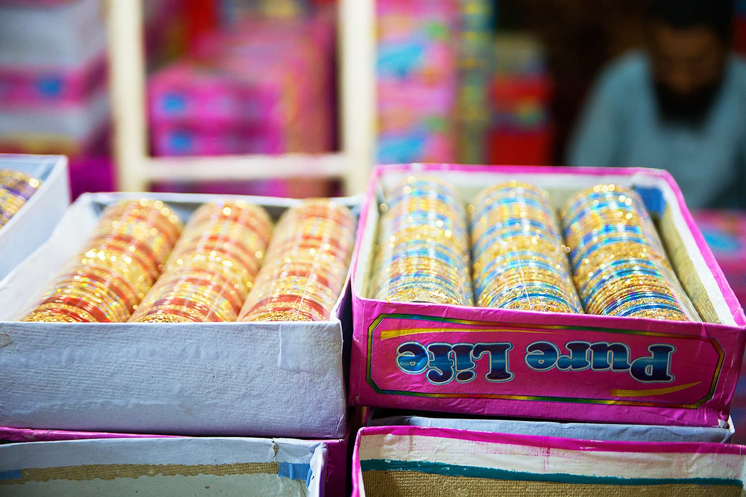 Beautiful glass bangles at Hyderabad's Choori Bazaar.